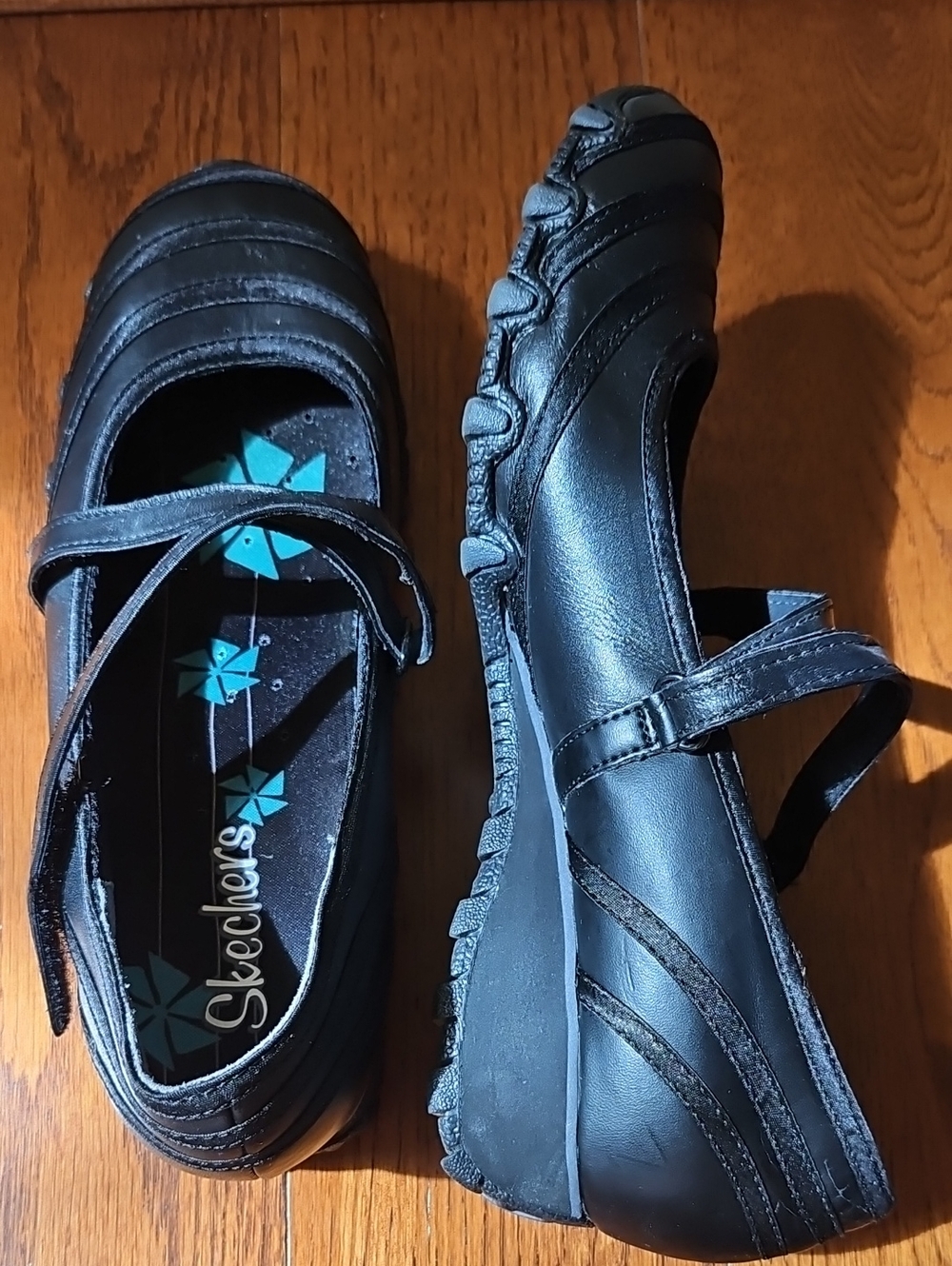 Skechers Black Leather Mary Jane Velcro Adjustable Straps Shoes